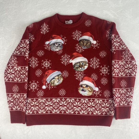 Ugly Christmas Sweater Sweaters - Party Sweater Cat Christmas Ugly Sweater Womens Large Red Crewneck Long Sleeve